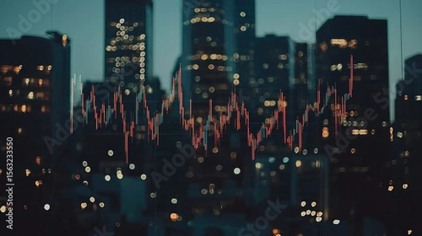 Fototapeta  Analyzing financial trends in urban cityscape data visualization evening aerial view economic insights
