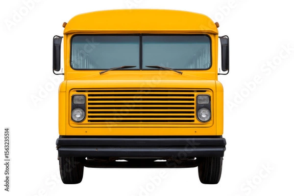Fototapeta Front view of a bright yellow vintage bus featuring a large windshield, dual headlights, horizontal grille, and black bumper.