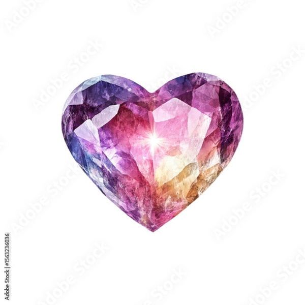 Fototapeta  Shiny heart shaped crystal with faceted gemstone texture isolated on white background