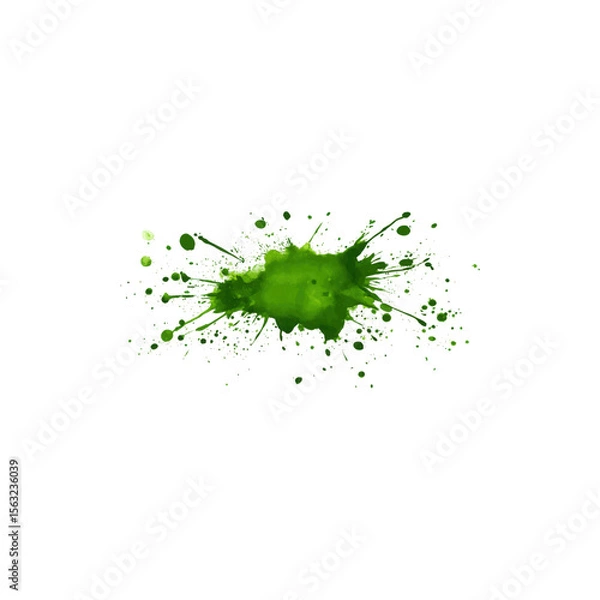 Fototapeta Vibrant green paint splashes with dripping and splatter effects isolated on white background