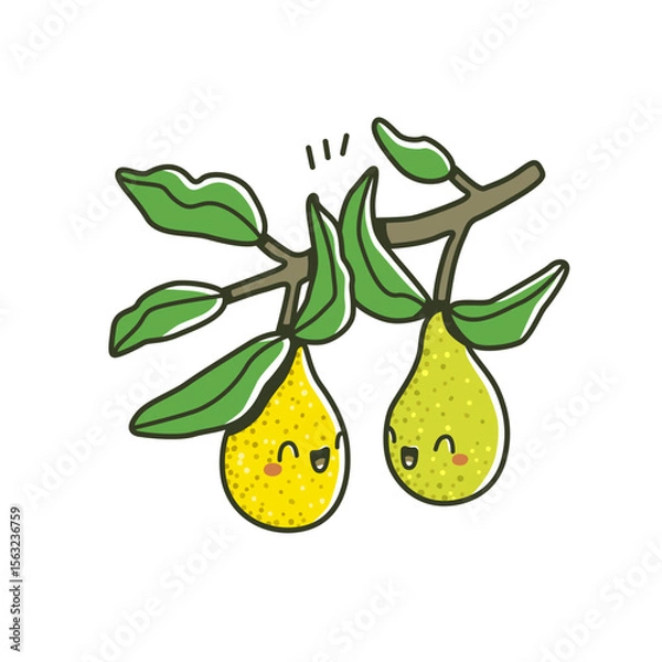 Obraz Cute cartoon pears with smiling faces hanging on a branch with green leaves. Hand-drawn vector illustration in kawaii style. Fun and cheerful design for kids and decoration.