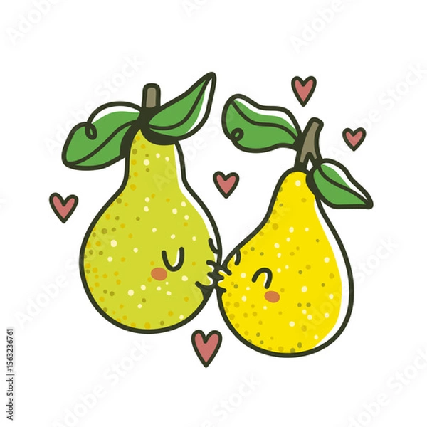 Fototapeta Cute cartoon pears in love, kissing with smiling faces and hearts around. Hand-drawn vector illustration in kawaii style. Romantic and playful design for Valentine’s Day and kids.