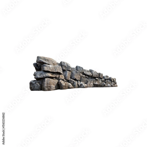 Fototapeta Textured wall made of stacked black stones with natural pattern isolated on white background