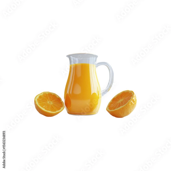 Fototapeta Tasty fresh orange juice in transparent glass jug with vibrant citrus color isolated on white background