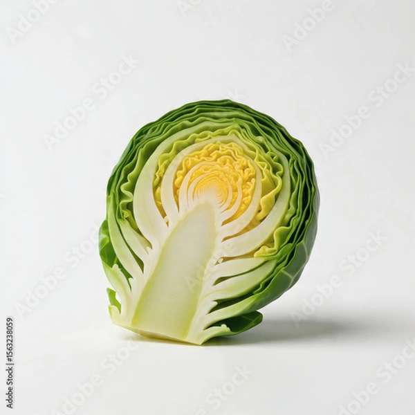 Fototapeta A cross section of a cabbage revealing its concentric layers of green and pale yellow leaves