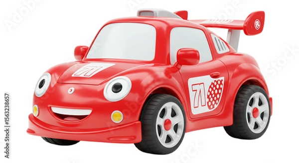 Obraz Happy Cartoon Car: A friendly, cheerful cartoon race car, radiating happiness and playful energy, embodies joy with its vibrant red color, smiling face, and race-ready design.