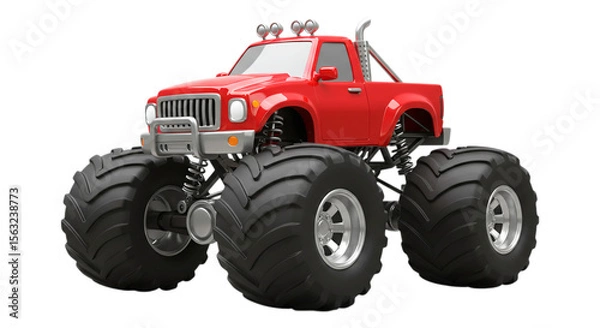 Obraz Red Monster Truck Dominance: A powerful red monster truck with colossal tires dominates the frame, epitomizing strength, ruggedness, and the spirit of off-road adventures. 