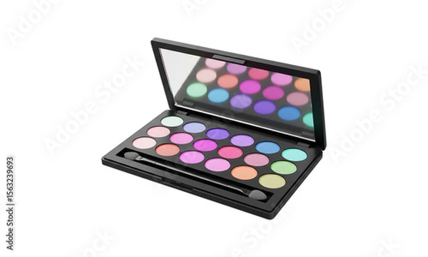 Obraz Colorful Eyeshadow Palette: A vibrant eyeshadow palette displaying a spectrum of hues, complete with applicator and mirror, poised for creative expression and beauty enhancement.