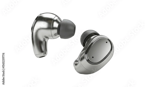 Obraz Wireless Earbuds: Sleek, metallic wireless earbuds isolated, a testament to modern audio technology and the fusion of style and functionality. A perfect representation of the latest innovation.