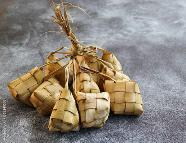 Obraz Close up view of Ketupat, an Indonesian traditional cuisine very popular during Hari Raya Idul Fitri served on a wooden table. This is made of the white rice, usually served with opor ayam on Ied day.