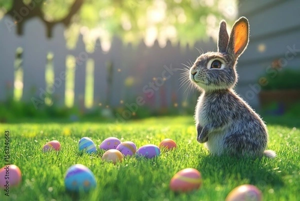 Fototapeta A small brown rabbit sits on green grass surrounded by colorful Easter eggs. The scene is bright and cheerful, evoking a festive atmosphere.