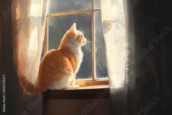 Fototapeta An orange tabby cat sits on a windowsill, gazing out the window. Soft light filters through sheer curtains, creating a warm atmosphere.