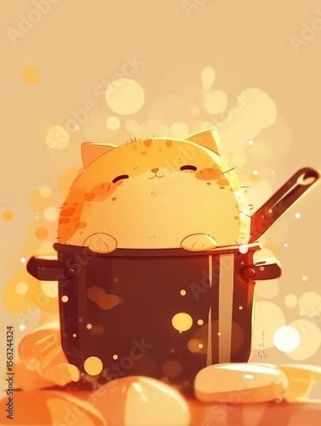 Fototapeta A cute orange cat sits in a black pot, with a happy expression. The background features soft, warm colors and abstract shapes, creating a cheerful atmosphere.