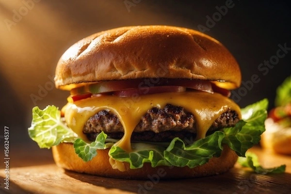 Fototapeta Cheeseburger with beef, onion, tomato, lettuce and cheese. AI Genetared.