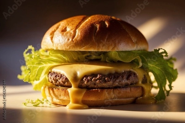 Fototapeta Cheeseburger with beef, onion, tomato, lettuce and cheese. AI Genetared.