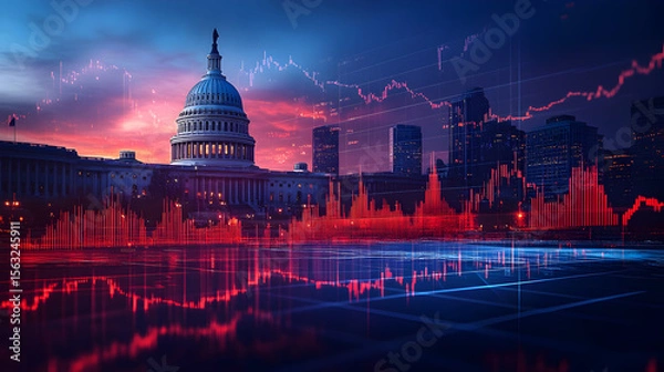 Fototapeta US Capitol building with American flag and overlaid stock market chart, symbolizing national debt, economic challenges, fiscal policy, and financial stability issues facing the US 42407788 1