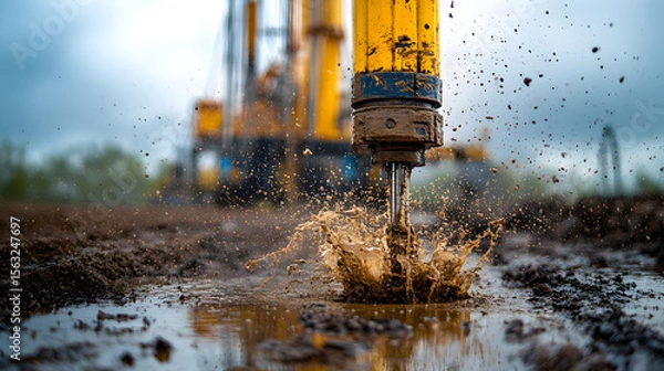 Fototapeta Drilling rig actively operating with muddy water splashing around, symbolizing artesian well maintenance, water well drilling process, and industrial resource management in outdoor environme27995166 2