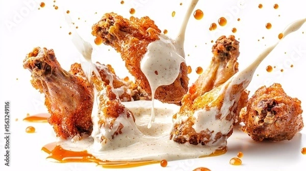 Fototapeta Ranch dressing splashing onto crispy chicken wings and ranch dip, highlighting the texture and creamy consistency, isolated on white background,