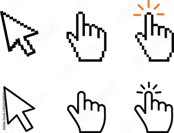Fototapeta Pixelated and Outline Computer Mouse Cursor Icons with Pointer and Hand Symbols, Minimal Flat Design for Digital Interface Use