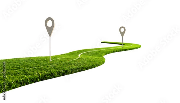 Fototapeta Green Path to Success: A winding grassy path with location markers symbolizes journey, progress, and the path to success.