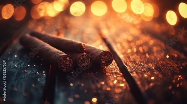 Fototapeta Three premium cigars rest on a dark wooden surface, illuminated by warm bokeh lights