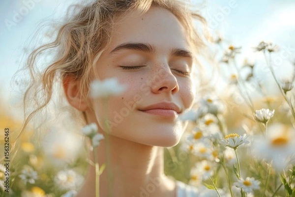 Fototapeta Hypersensitive allergy concept. Woman closing her nose to prevent inhaling seasonal flower pollen, avoiding allergic reactions, Generative AI