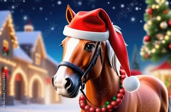 Obraz horse in a Santa hat on winter background. Happy New Year 2026 Card