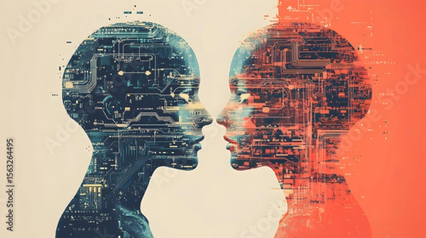 Fototapeta Split Human and AI Head with Circuit Patterns Representing Integration, Collaboration, and Innovation in Business Technology and Digital Transformation Concepts 62670115 1