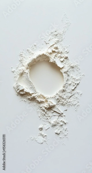 Fototapeta A circular hole is punched through a mound of white powder.  The powder has irregular edges and is scattered around the hole