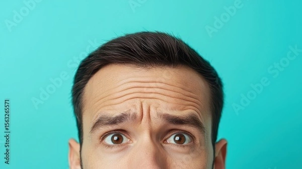 Fototapeta A close-up of a man's forehead and eyes showing raised eyebrows and wrinkles, expressing confusion or concern against a teal background.