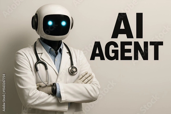 Fototapeta 白衣を着た医療用ヒューマノイドロボットが腕を組んで立つ｜聴診器を首にかけた未来型AIエージェントと「AI AGENT」の文字｜医療とテクノロジーの融合表現