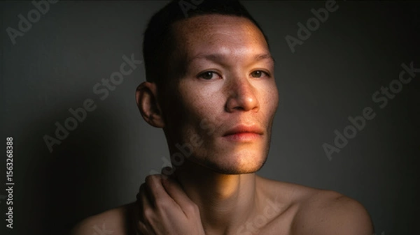 Fototapeta Bare-chested person in soft window light, eyes piercing, skin glowing — quiet vulnerability and strength