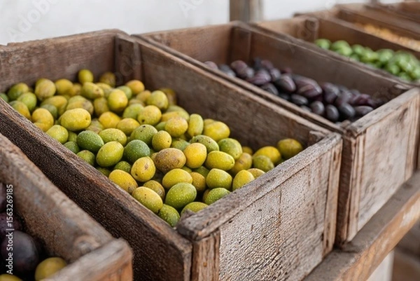 Fototapeta Rustic crates brimming with olives evoke Mediterranean harvest festivals, tantalizing taste of ancient feasts, culinary celebration essence