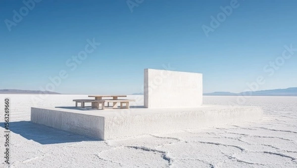Fototapeta A minimalist, light-colored concrete structure with picnic tables sits in a vast white salt flat