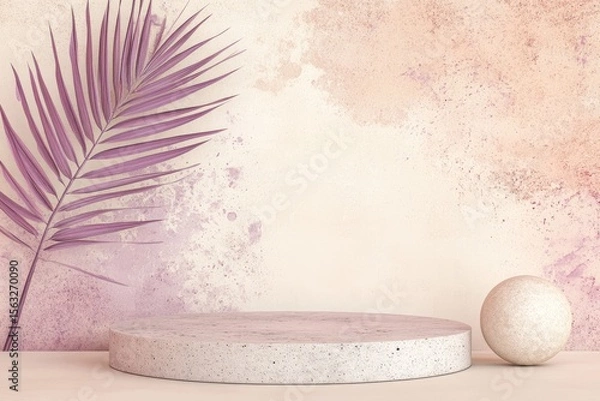 Fototapeta Pastel-toned, minimalist scene with a light-gray, round podium, a cream-colored sphere, and a vibrant purple palm frond against a backdrop of muted peach and lavender