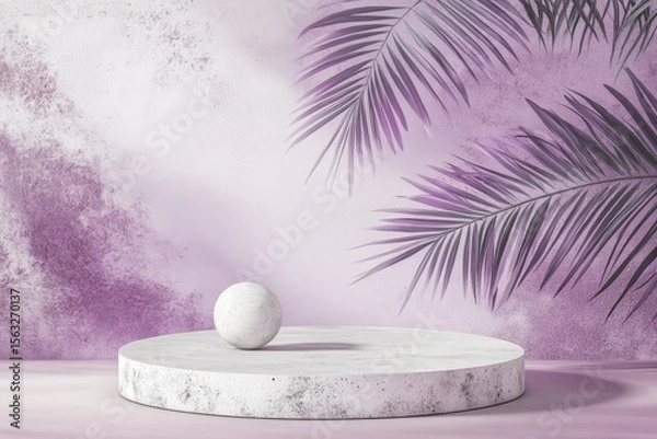 Fototapeta A pale-pink, textured backdrop with a round, white marble platform, a white sphere, and tropical leaves