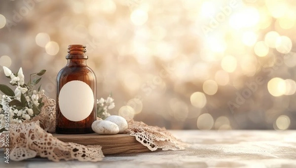 Fototapeta A brown glass bottle with a blank label sits on a wooden platter, adorned with lace and white stones, amongst delicate white flowers, against a soft, bokeh background