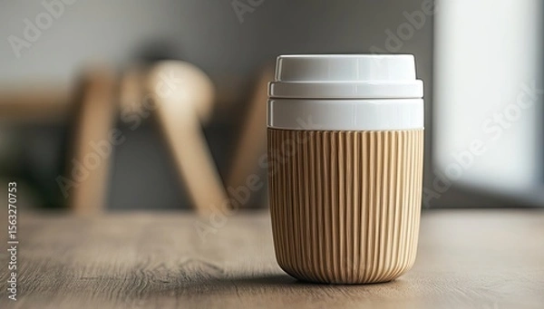 Fototapeta A light beige reusable coffee cup sits on a wooden table, in front of a blurred background of a modern room