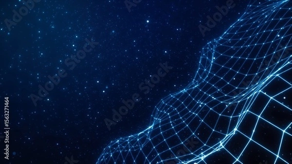 Fototapeta Blue Digital Wave with Grid Patterns and Stars in the Background