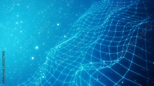 Fototapeta Abstract Digital Landscape with Glowing Grid and Stars in Blue