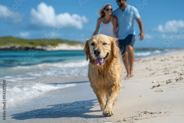 Fototapeta Dog walking on the beach with a couple, enjoying a leisurely stroll along the shore with the ocean as the perfect backdrop, Generative AI