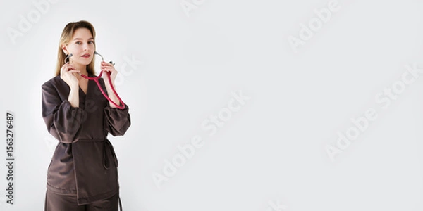 Fototapeta Wide banner with young female doctor in dark uniform holding a pink stethoscope on light background with copy space for text or design.