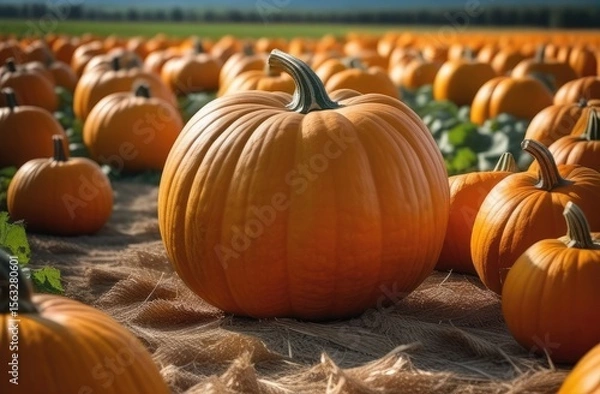 Obraz Autumn season. Pumpkin patch in the fall. Thanksgiving and halloween background. Ripe Pumpkins In Field At Sunset