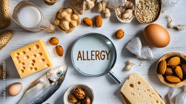 Fototapeta Flat lay image showing common allergenic foods such as nuts, eggs, milk, cheese, fish, and wheat surrounding the bold word "allergy" in the center, representing food allergy awareness and al39137439 2
