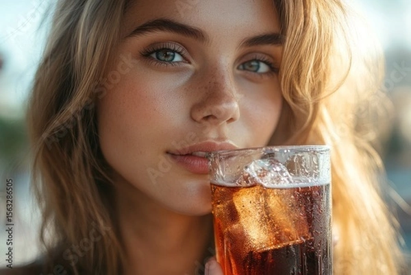 Fototapeta Close-up of a woman drinking soft drink cola, Generative AI