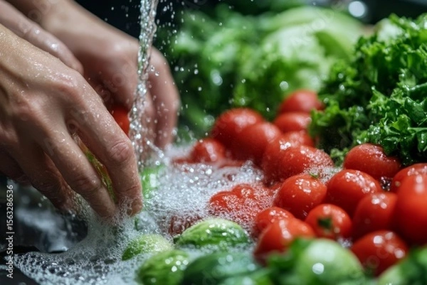 Fototapeta Close-up of hands of people washing vegetables with tap water at the sink to clean ingredients for a fresh salad, Generative AI