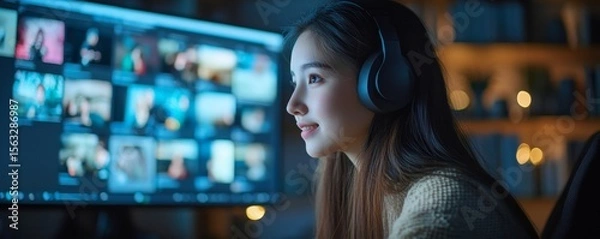Fototapeta Asian young woman recording a live stream teaching a class online at home, Generative AI