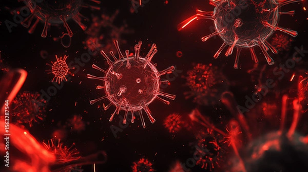 Fototapeta Razor blade-shaped virus particles in dark space, symbolizing the looming threat of a new COVID variant.