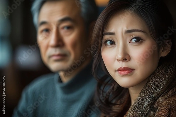 Fototapeta Asian couple having relationship problems. Sad wife stopping her husband from talking to her after a quarrel at home, Generative AI