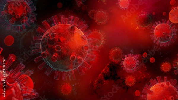 Fototapeta Razor blade-shaped virus particles in dark space, symbolizing the looming threat of a new COVID variant.